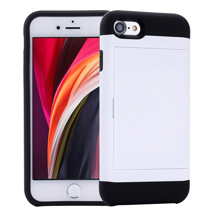 Slide Card Slot Plastic + TPU Hybrid Cover for iPhone SE (2nd Generation)/8/7 - White-1