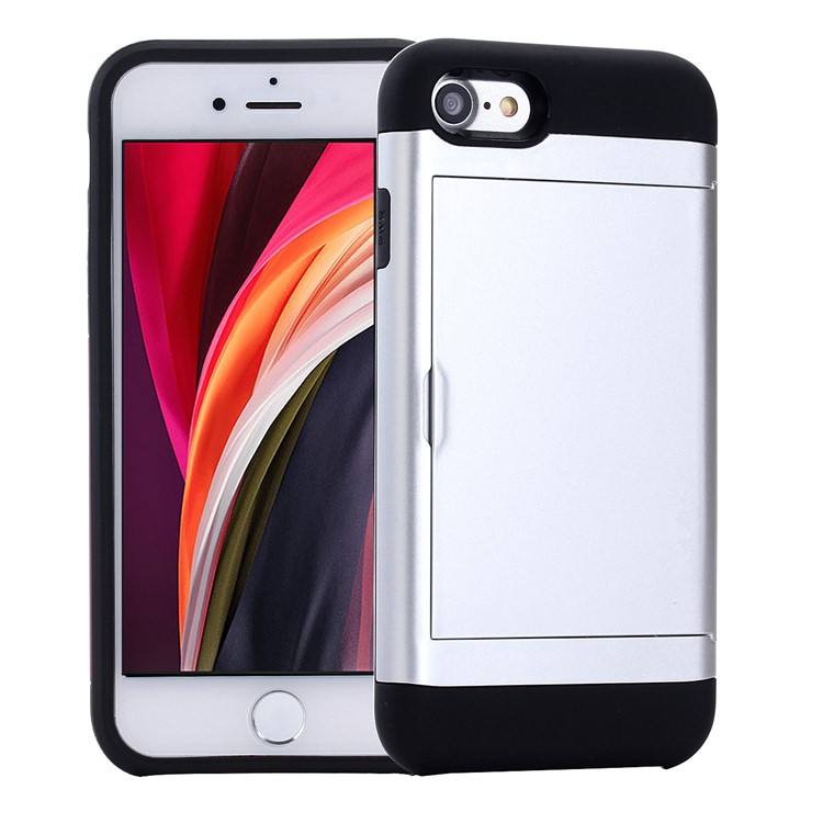 Slide Card Slot Plastic + TPU Hybrid Cover for iPhone SE (2nd Generation)/8/7 - Silver-1