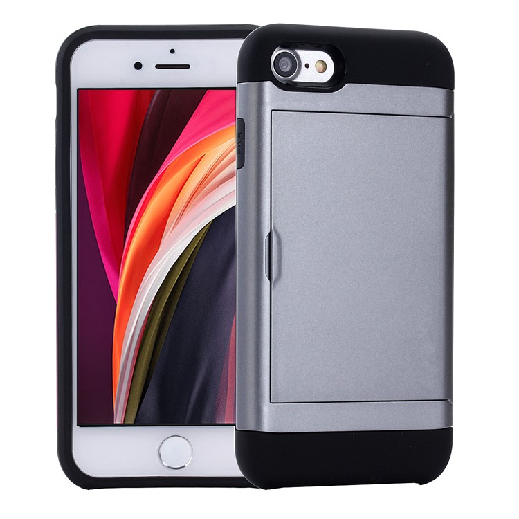 Slide Card Slot Plastic + TPU Hybrid Cover for iPhone SE (2nd Generation)/8/7 - Grey-1