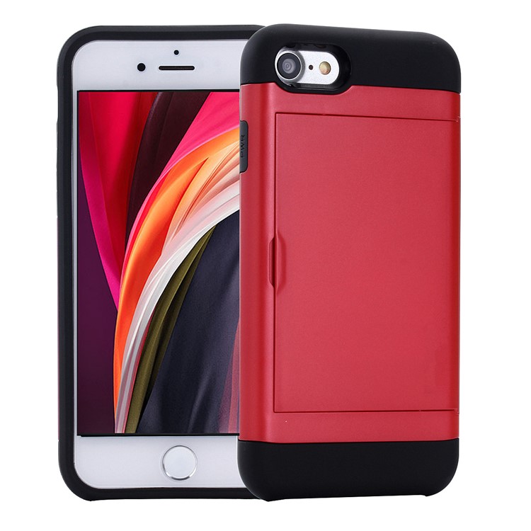 Slide Card Slot Plastic + TPU Hybrid Cover for iPhone SE (2nd Generation)/8/7 - Red-1