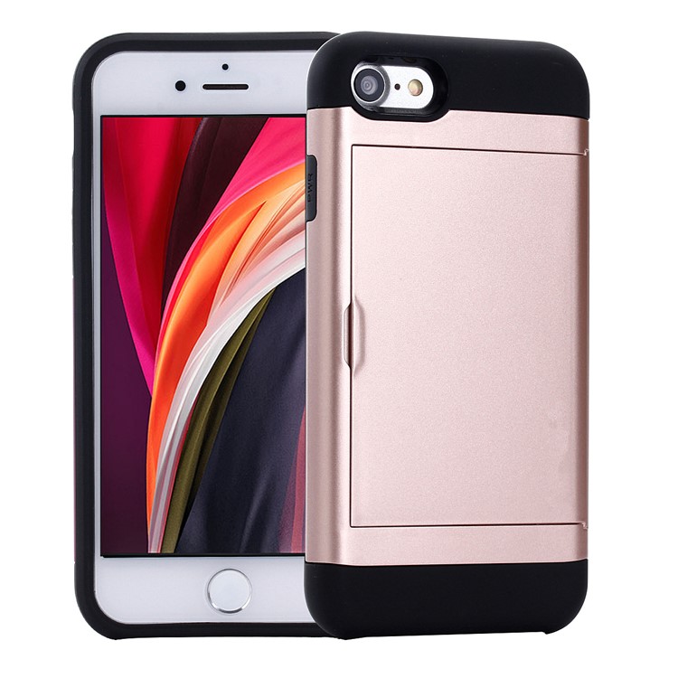Slide Card Slot Plastic + TPU Hybrid Cover for iPhone SE (2nd Generation)/8/7 - Rose Gold-1