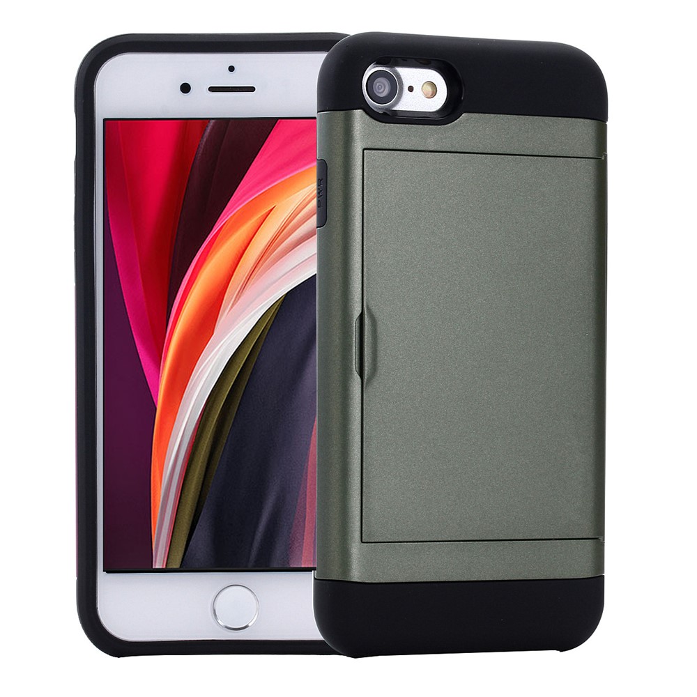 Slide Card Slot Plastic + TPU Hybrid Cover for iPhone SE (2nd Generation)/8/7 - Army Green-1