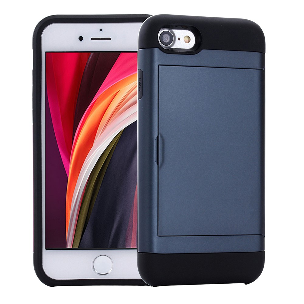 Slide Card Slot Plastic + TPU Hybrid Cover for iPhone SE (2nd Generation)/8/7 - Blue-1