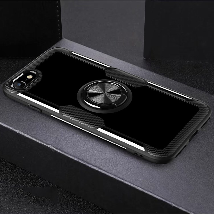 Finger Ring Kickstand TPU + PC + Metal Built-in Magnetic Metal Sheet Casing for iPhone SE (2nd Generation)/8/7 - All Black