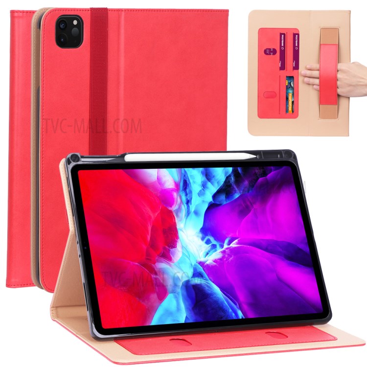 Leather Stand Card Holder Tablet Protective Case with Elastic Band for iPad Pro 12.9-inch (2020) - Red-1