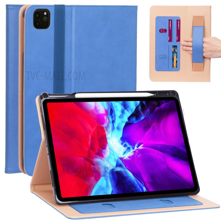 Leather Stand Card Holder Tablet Protective Case with Elastic Band for iPad Pro 12.9-inch (2020) - Blue-1