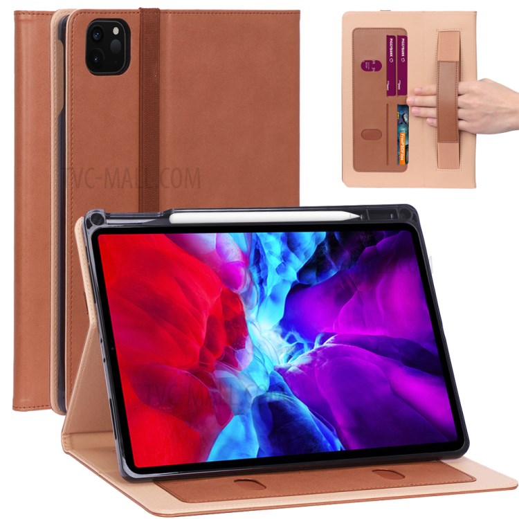 Leather Stand Card Holder Tablet Protective Case with Elastic Band for iPad Pro 12.9-inch (2020) - Brown-1