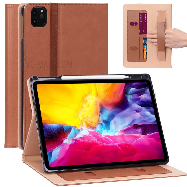 Leather Stand Card Holder Tablet Protective Cover with Elastic Band for iPad Pro 11-inch (2020) - Brown-1