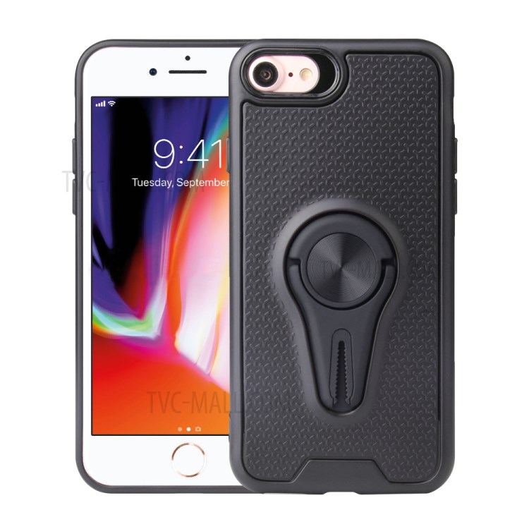 Finger Ring Air Outlet Kickstand PC + TPU Phone Case (Built-in Magnetic Metal Sheet) for iPhone 8 / 7 / SE (2nd Generation) - Black-1