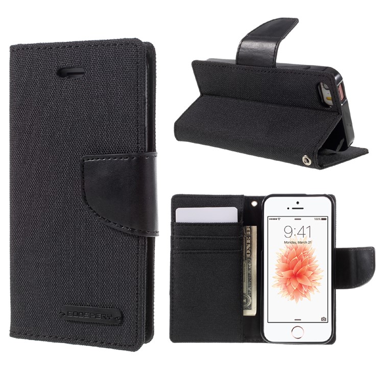 MERCURY GOOSPERY for iPhone SE 5s 5 Canvas Dairy Wallet Stand Leather Case - Black-1