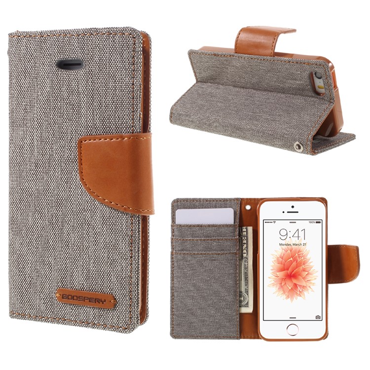 MERCURY GOOSPERY for iPhone SE 5s 5 Canvas Dairy Stand Leather Wallet Case - Grey-1