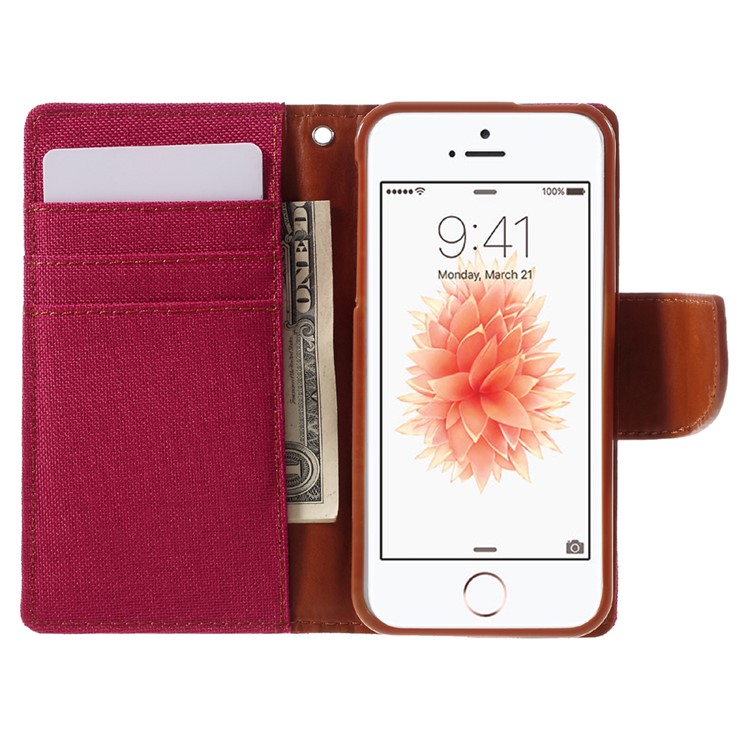 MERCURY GOOSPERY for iPhone SE 5s 5 Canvas Dairy Stand Leather Phone Case - Red-6