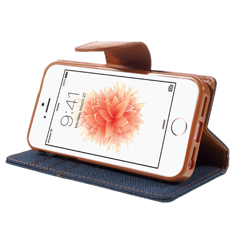 MERCURY GOOSPERY for iPhone SE 5s 5 Canvas Dairy Leather Wallet Cover - Dark Blue-4
