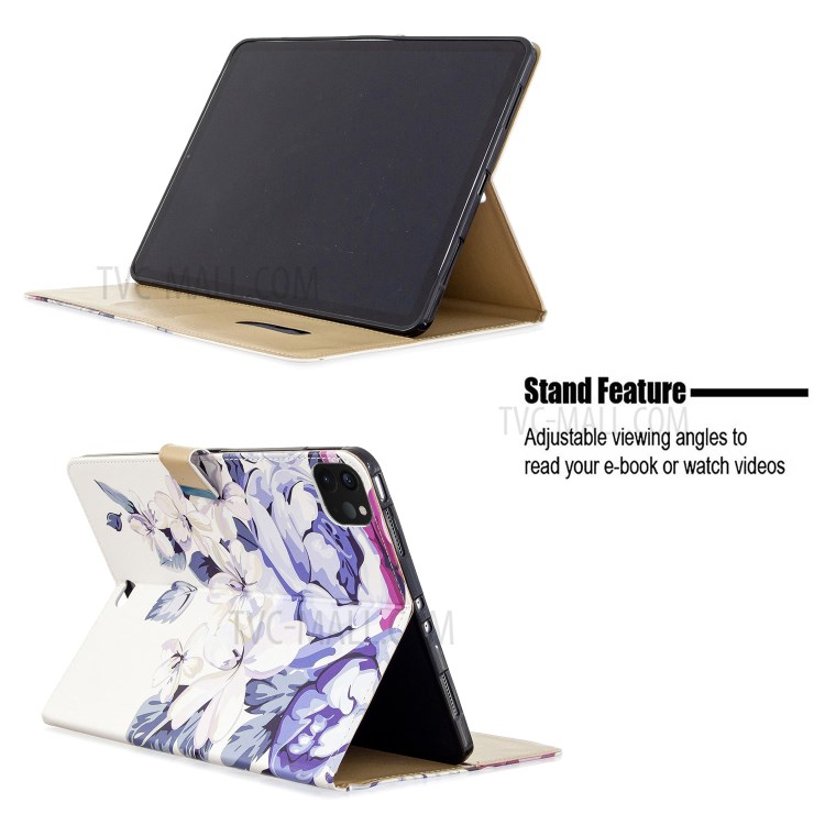Pattern Printing Leather Wallet Case for iPad Pro 11-inch (2020) - White Flower-9