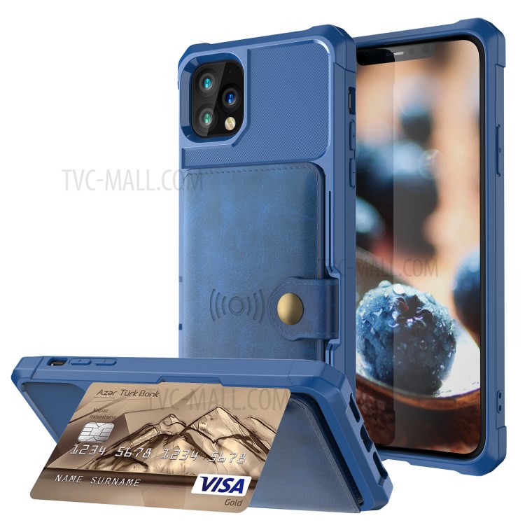 Kickstand Leather Coated TPU Cover with Wallet Built-in Magnetic Sheet for iPhone 11 Pro 5.8 inch - Blue-1