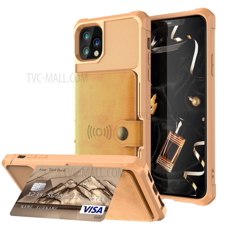 Kickstand Leather Coated TPU Cover with Wallet Built-in Magnetic Sheet for iPhone 11 Pro 5.8 inch - Gold-1
