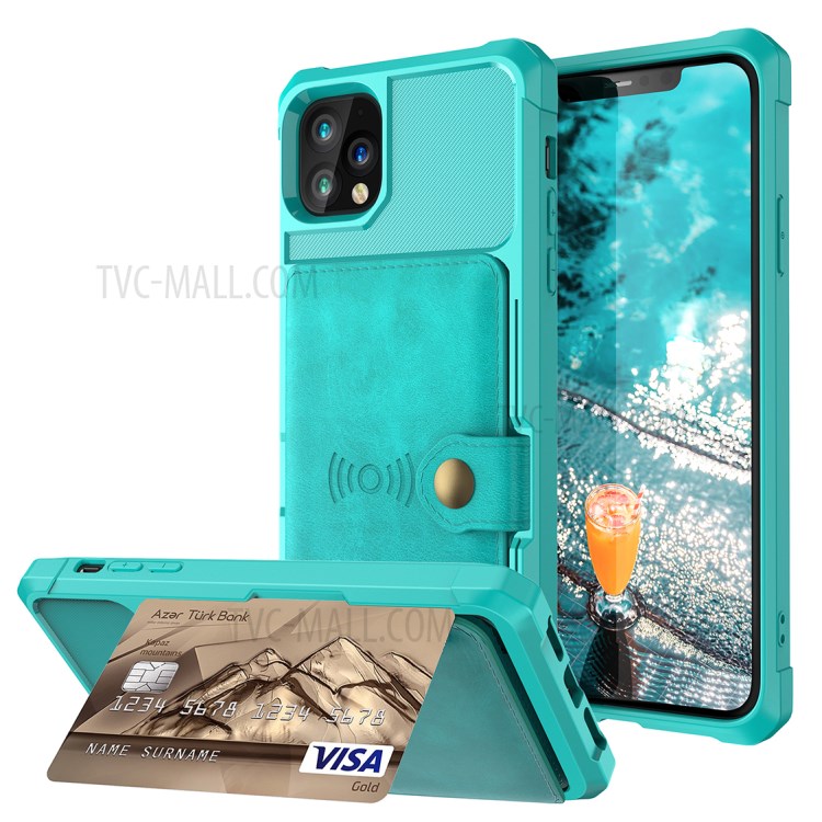 Kickstand Leather Coated TPU Cover with Wallet Built-in Magnetic Sheet for iPhone 11 Pro 5.8 inch - Cyan-1