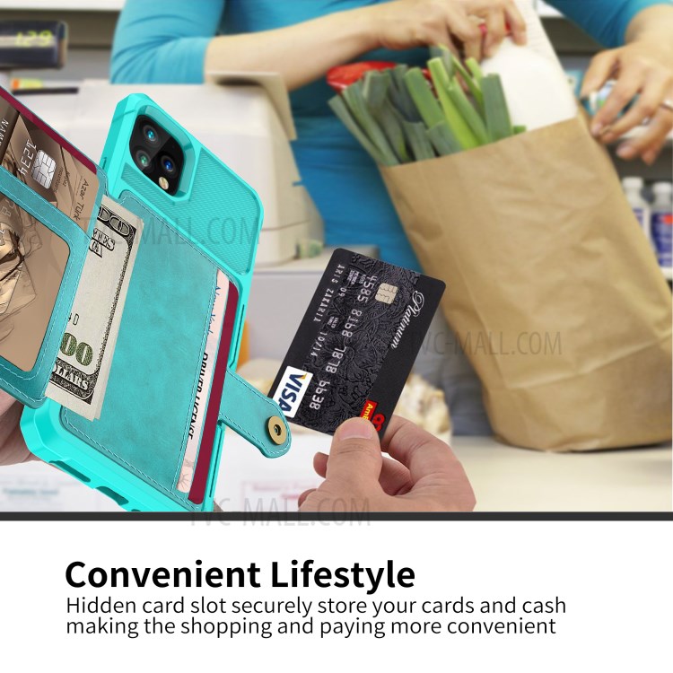 Kickstand Leather Coated TPU Cover with Wallet Built-in Magnetic Sheet for iPhone 11 Pro 5.8 inch - Cyan-4