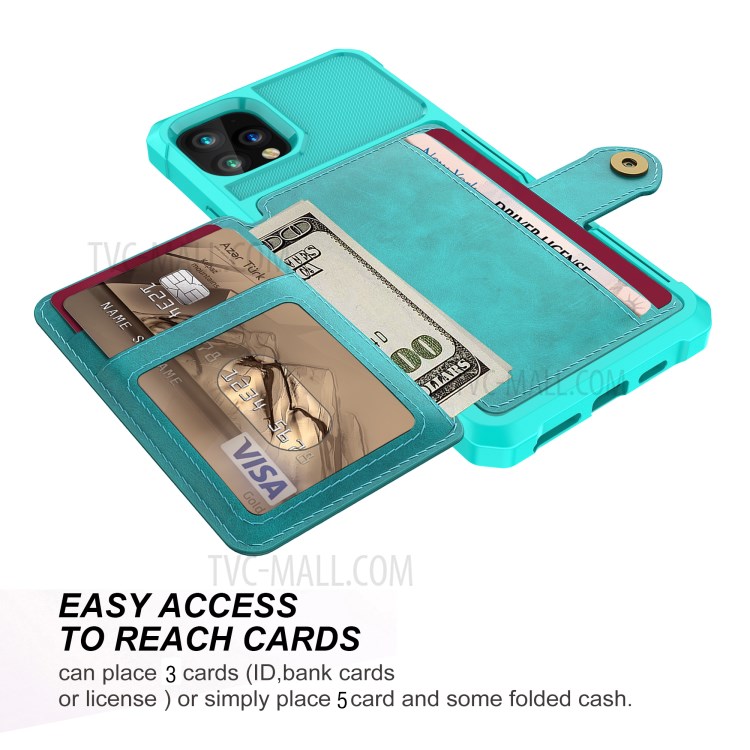 Kickstand Leather Coated TPU Cover with Wallet Built-in Magnetic Sheet for iPhone 11 Pro 5.8 inch - Cyan-6