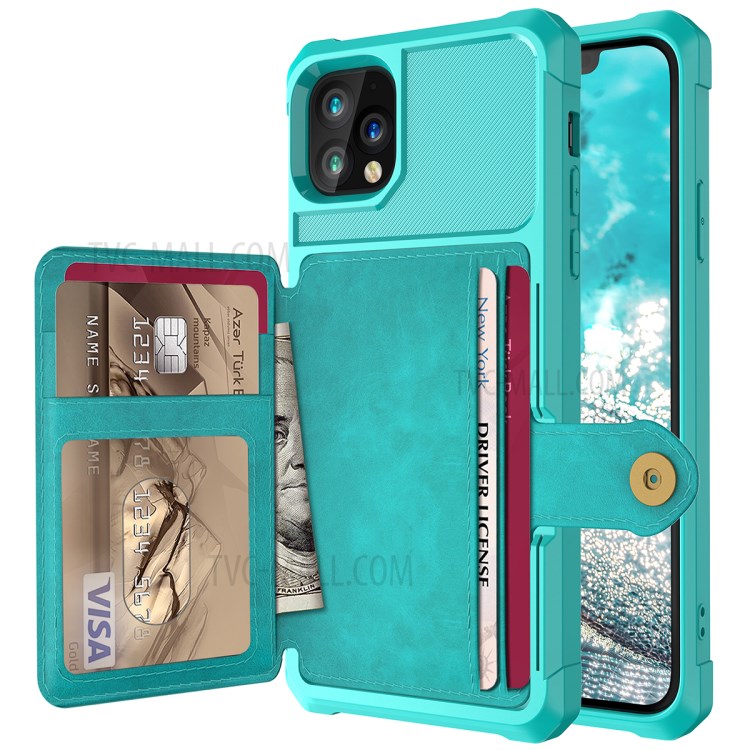 Kickstand Leather Coated TPU Cover with Wallet Built-in Magnetic Sheet for iPhone 11 Pro 5.8 inch - Cyan-9