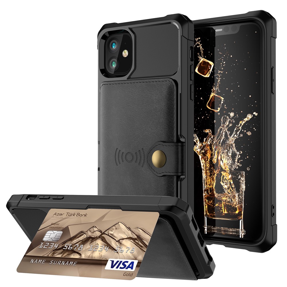 Wallet Kickstand Leather Coated TPU Case Built-in Magnetic Sheet for iPhone 11 6.1 inch - Black-1
