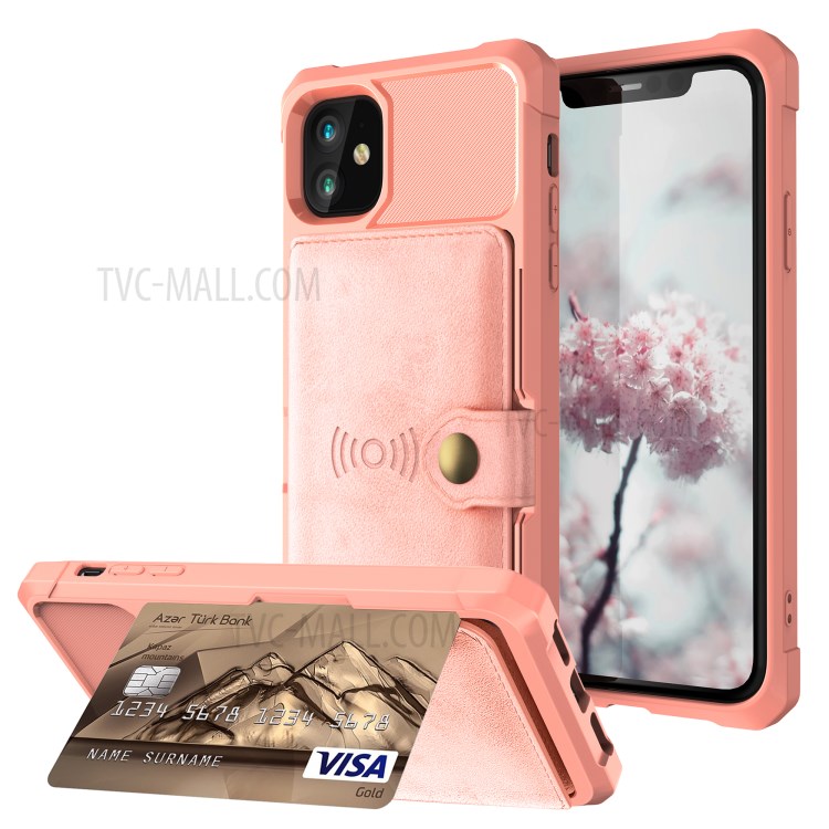 Raccoglitore Di Cuoio Kickstand TPU Rivestito Strato Incorporato Magnetica Per Iphone 11 6,1 Pollici - Oro Rosa-1
