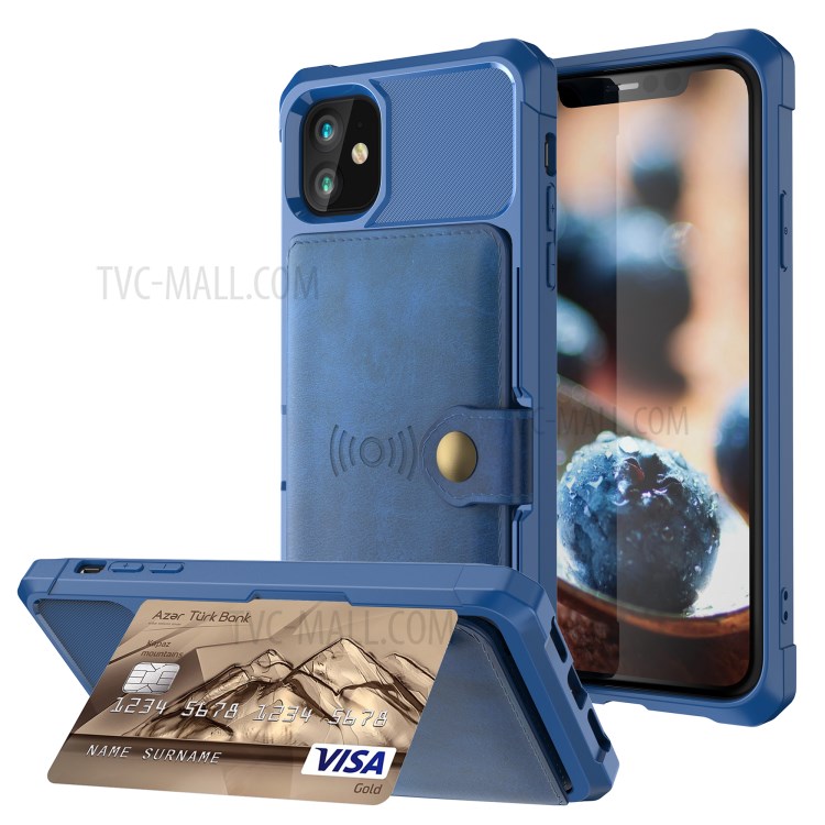 Wallet Kickstand Leather Coated TPU Case Built-in Magnetic Sheet for iPhone 11 6.1 inch - Blue-1