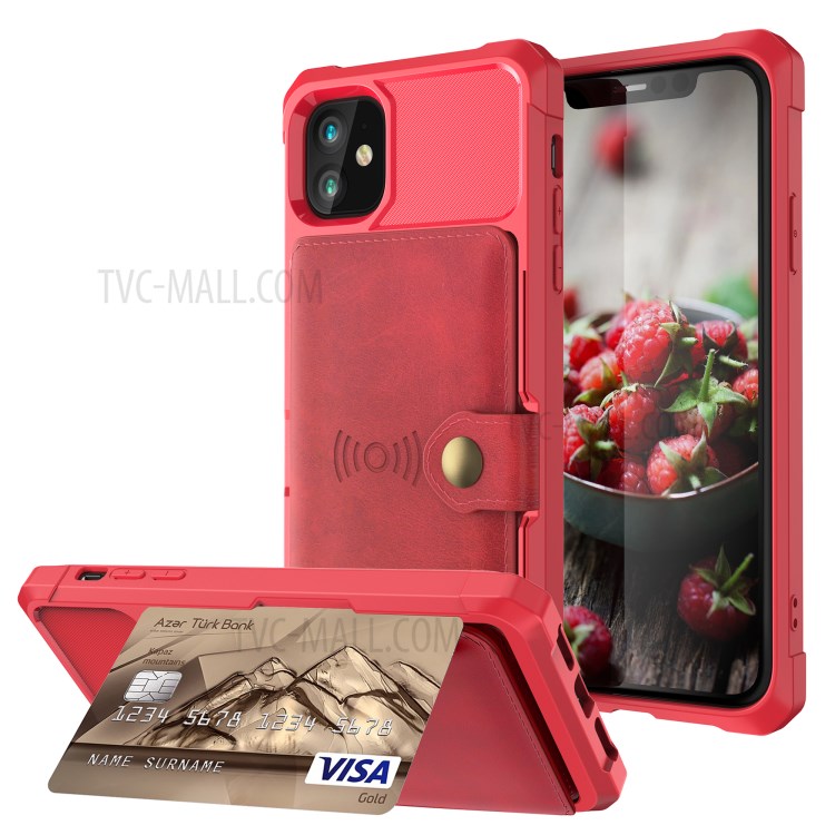 Wallet Kickstand Leather Coated TPU Case Built-in Magnetic Sheet for iPhone 11 6.1 inch - Red-1