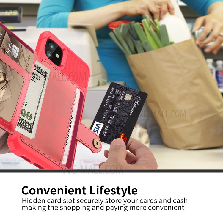 Wallet Kickstand Leather Coated TPU Case Built-in Magnetic Sheet for iPhone 11 6.1 inch - Red-4