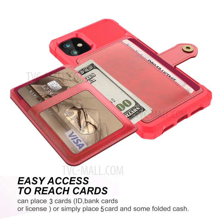 Wallet Kickstand Leather Coated TPU Case Built-in Magnetic Sheet for iPhone 11 6.1 inch - Red-6