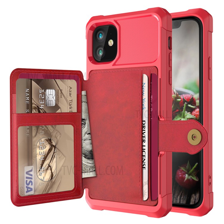 Wallet Kickstand Leather Coated TPU Case Built-in Magnetic Sheet for iPhone 11 6.1 inch - Red-9