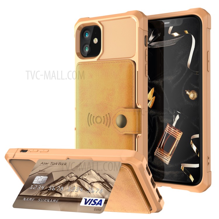 Wallet Kickstand Leather Coated TPU Case Built-in Magnetic Sheet for iPhone 11 6.1 inch - Gold-1