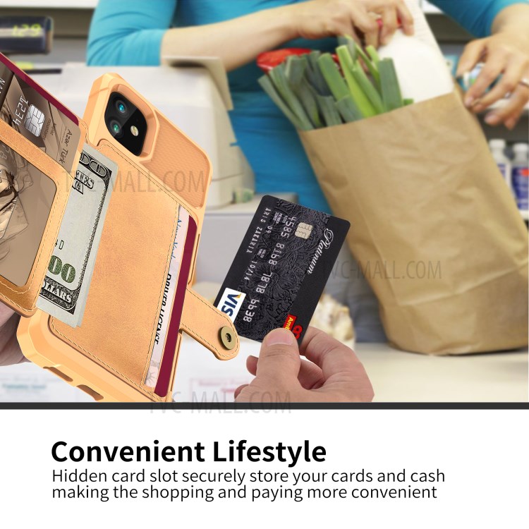 Wallet Kickstand Leather Coated TPU Case Built-in Magnetic Sheet for iPhone 11 6.1 inch - Gold-4