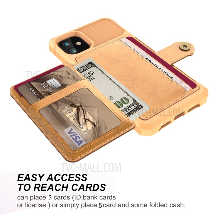 Wallet Kickstand Leather Coated TPU Case Built-in Magnetic Sheet for iPhone 11 6.1 inch - Gold-6