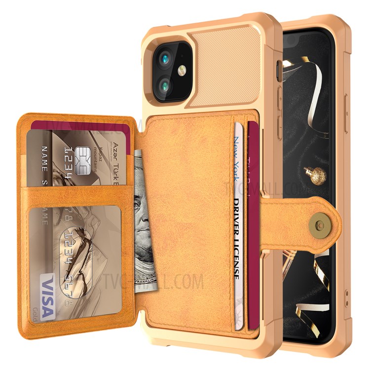 Wallet Kickstand Leather Coated TPU Case Built-in Magnetic Sheet for iPhone 11 6.1 inch - Gold-9