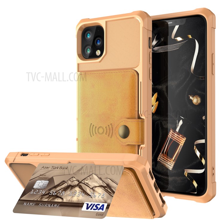 Leather Coated TPU Case with Wallet Kickstand Built-in Magnetic Sheet for iPhone 11 Pro Max 6.5 inch - Yellow-1