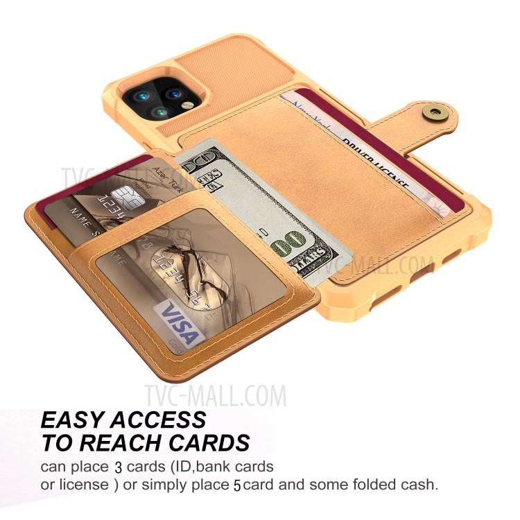 Leather Coated TPU Case with Wallet Kickstand Built-in Magnetic Sheet for iPhone 11 Pro Max 6.5 inch - Yellow-6