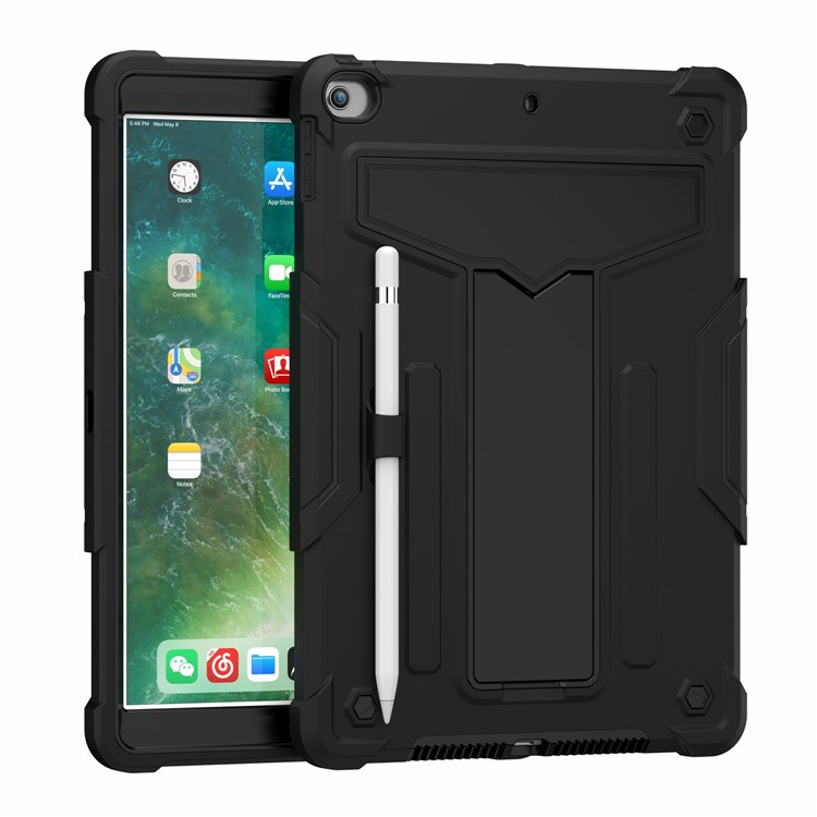 Foldable Kickstand Contrast Color Anti-dust PC Silicone Tablet Case for iPad 10.2 (2019) - All Black-2