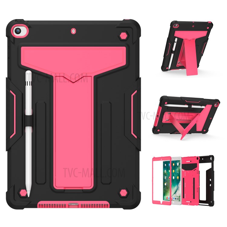 Foldable Kickstand Contrast Color Anti-dust PC Silicone Tablet Case for iPad 10.2 (2019) - Black/Red-1