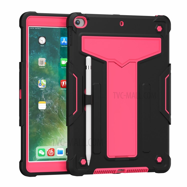 Foldable Kickstand Contrast Color Anti-dust PC Silicone Tablet Case for iPad 10.2 (2019) - Black/Red-2