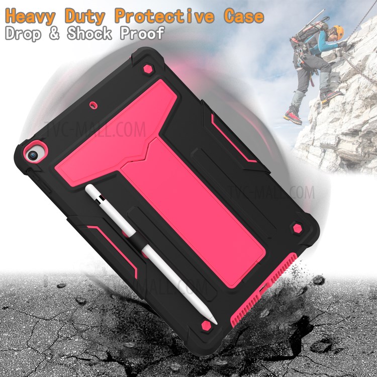 Foldable Kickstand Contrast Color Anti-dust PC Silicone Tablet Case for iPad 10.2 (2019) - Black/Red-3