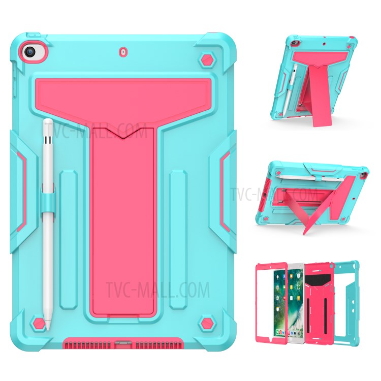 Foldable Kickstand Contrast Color Anti-dust PC Silicone Tablet Case for iPad 10.2 (2019) - Cyan/Red-1