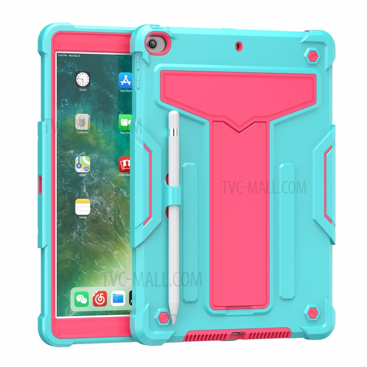 Foldable Kickstand Contrast Color Anti-dust PC Silicone Tablet Case for iPad 10.2 (2019) - Cyan/Red-2