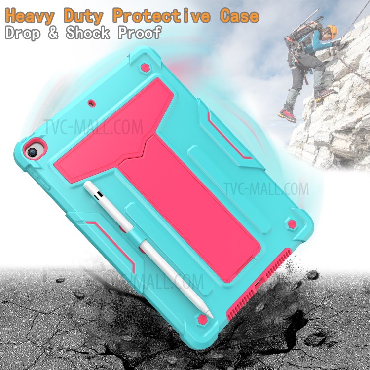 Foldable Kickstand Contrast Color Anti-dust PC Silicone Tablet Case for iPad 10.2 (2019) - Cyan/Red-3