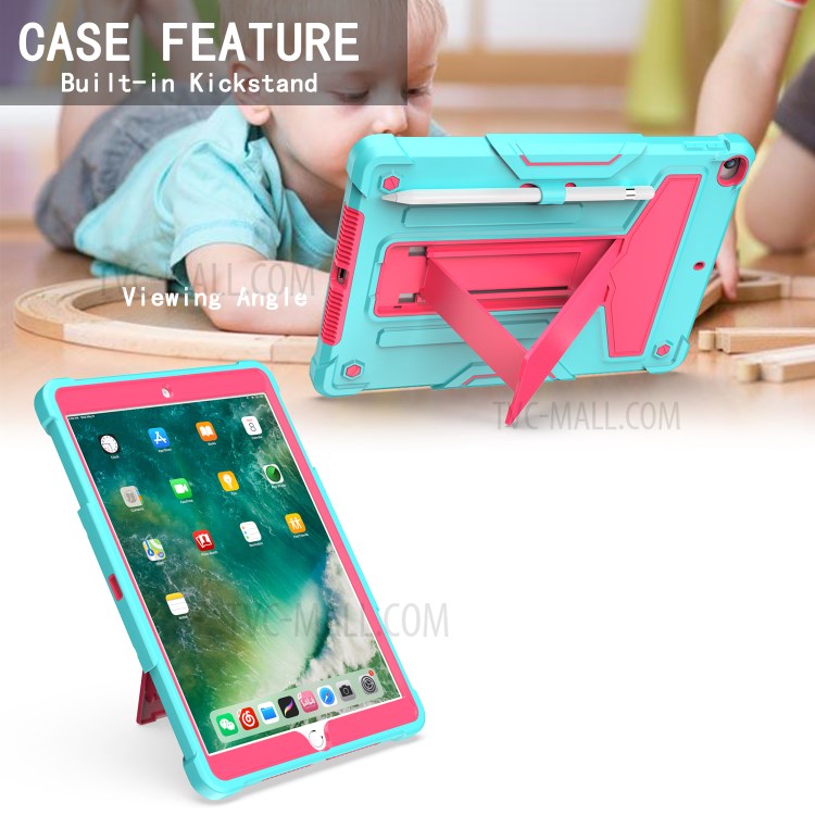 Foldable Kickstand Contrast Color Anti-dust PC Silicone Tablet Case for iPad 10.2 (2019) - Cyan/Red-4