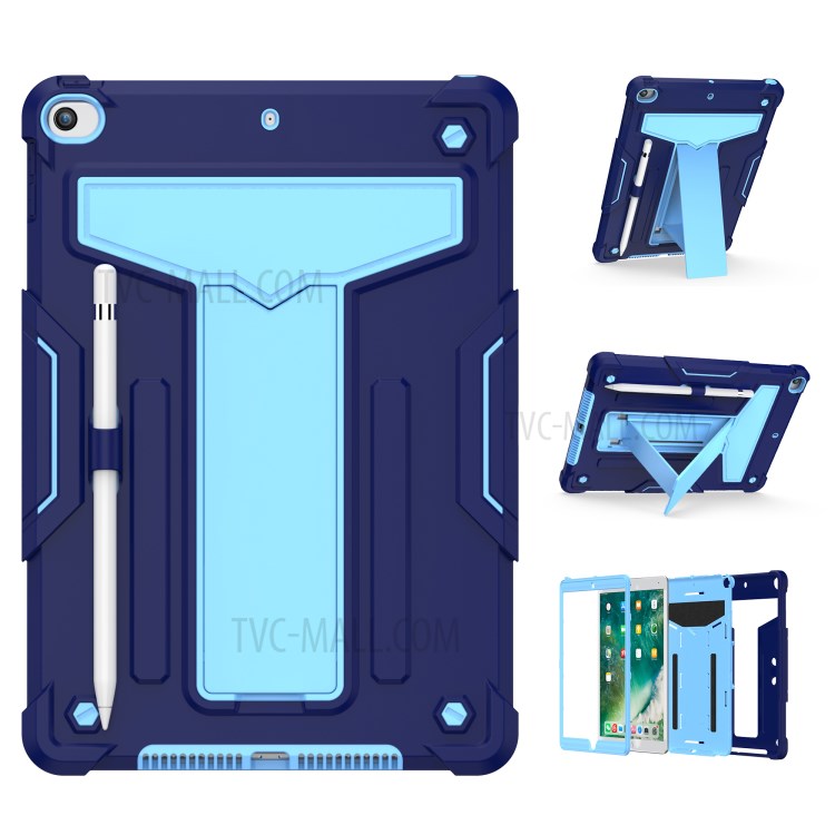 Foldable Kickstand Contrast Color Anti-dust PC Silicone Tablet Case for iPad 10.2 (2019) - Dark Blue/Baby Blue-1