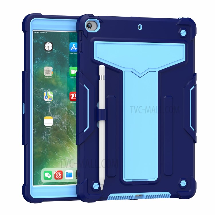 Foldable Kickstand Contrast Color Anti-dust PC Silicone Tablet Case for iPad 10.2 (2019) - Dark Blue/Baby Blue-2