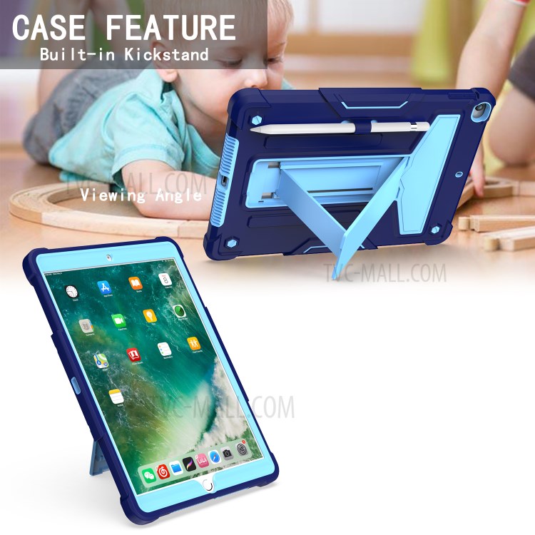 Foldable Kickstand Contrast Color Anti-dust PC Silicone Tablet Case for iPad 10.2 (2019) - Dark Blue/Baby Blue-4