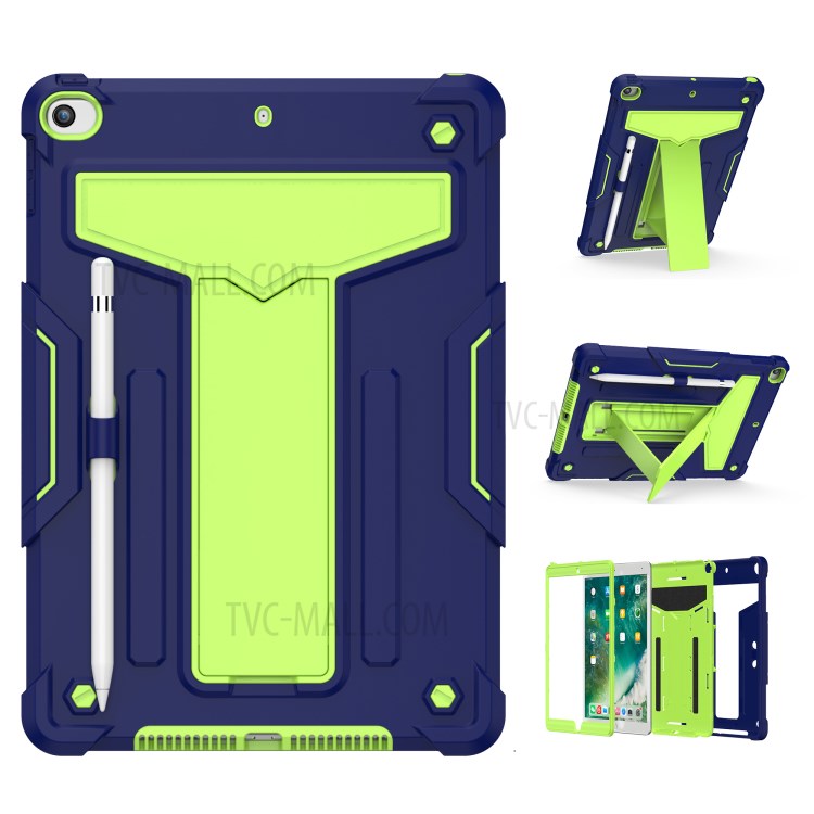 Foldable Kickstand Contrast Color Anti-dust PC Silicone Tablet Case for iPad 10.2 (2019) - Dark Blue/Green-1