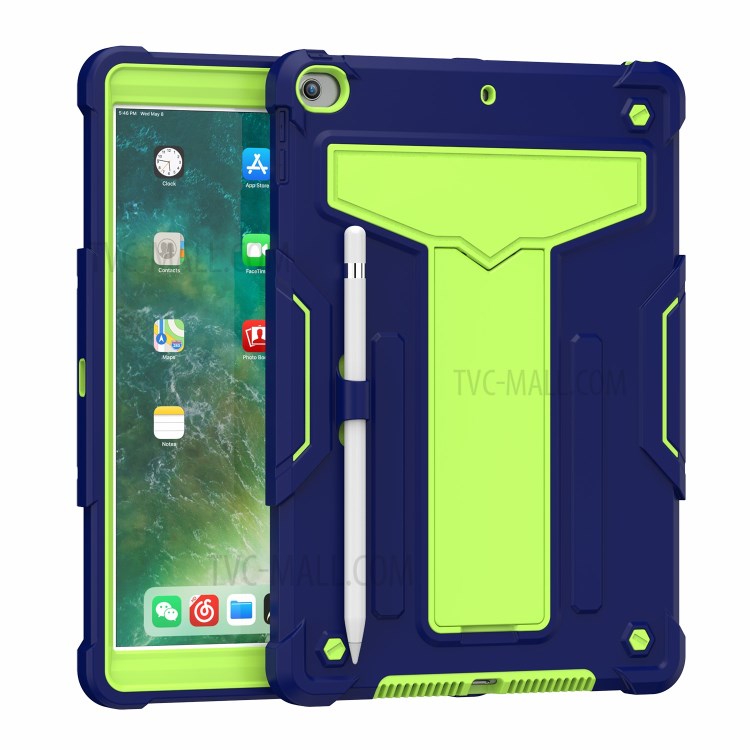 Foldable Kickstand Contrast Color Anti-dust PC Silicone Tablet Case for iPad 10.2 (2019) - Dark Blue/Green-2